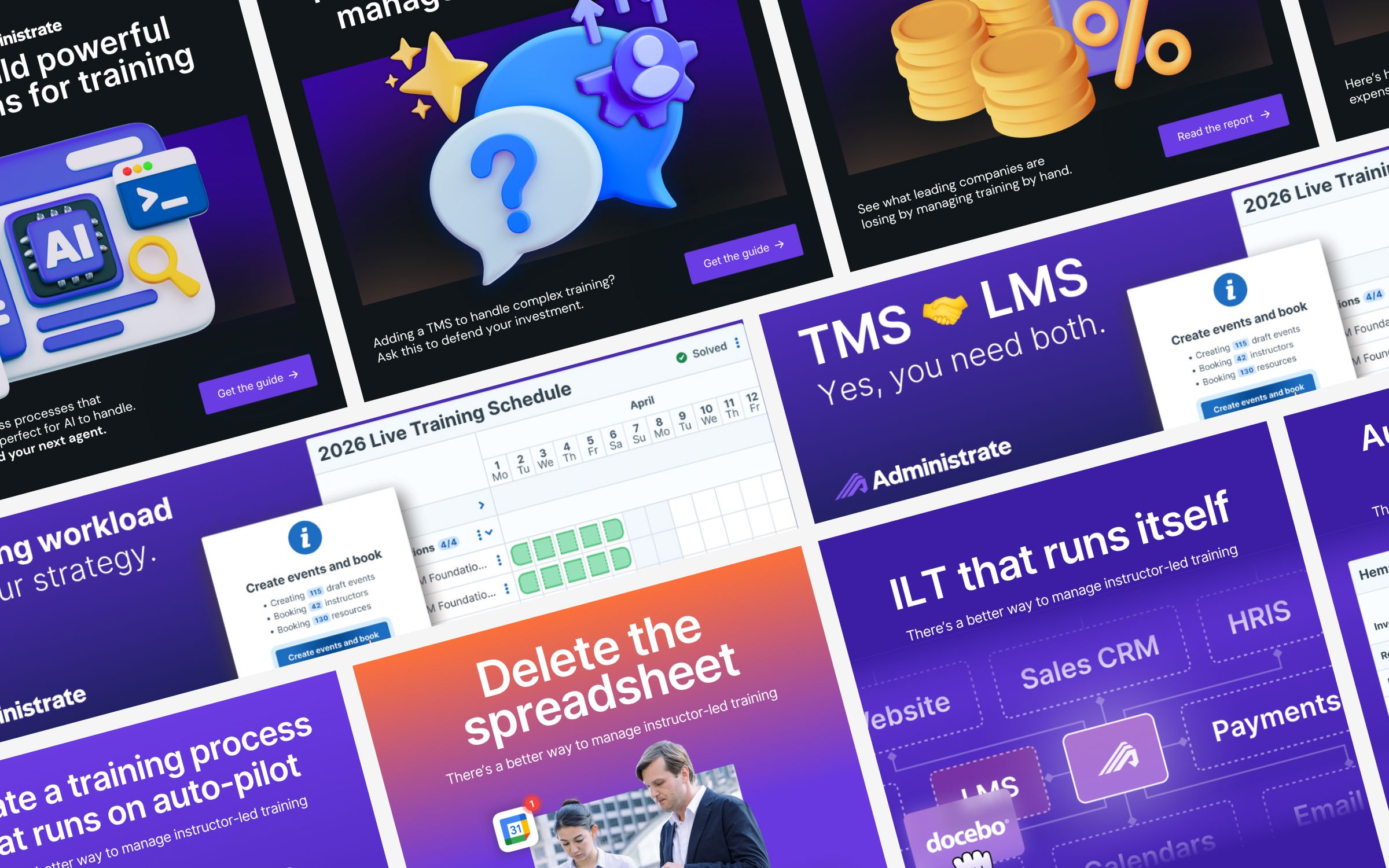 Multiple Administrate ads laid out diagonally.