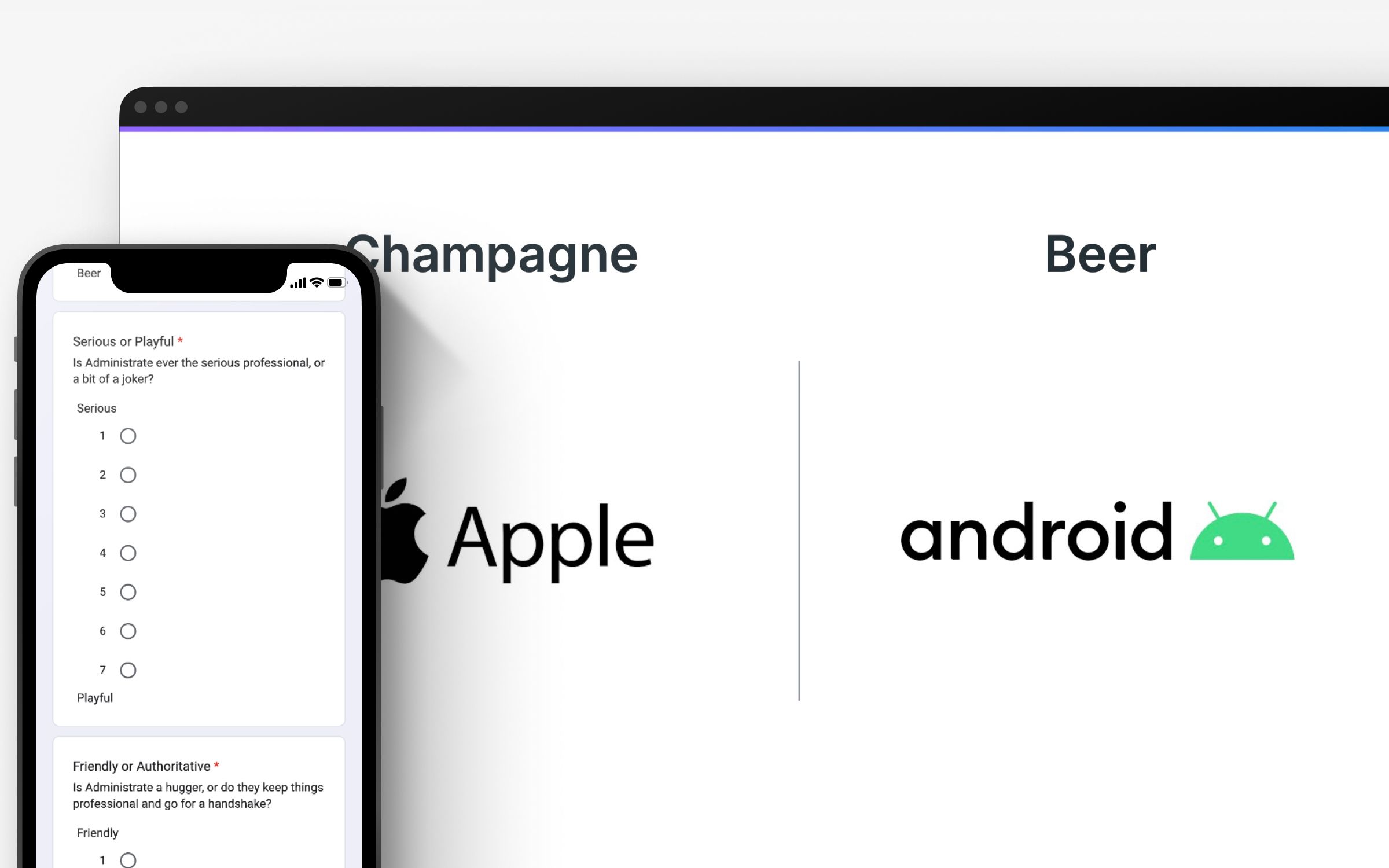 Form on a mobile phone and an example of one of the slides demonstrating how it applies in real-life brands.