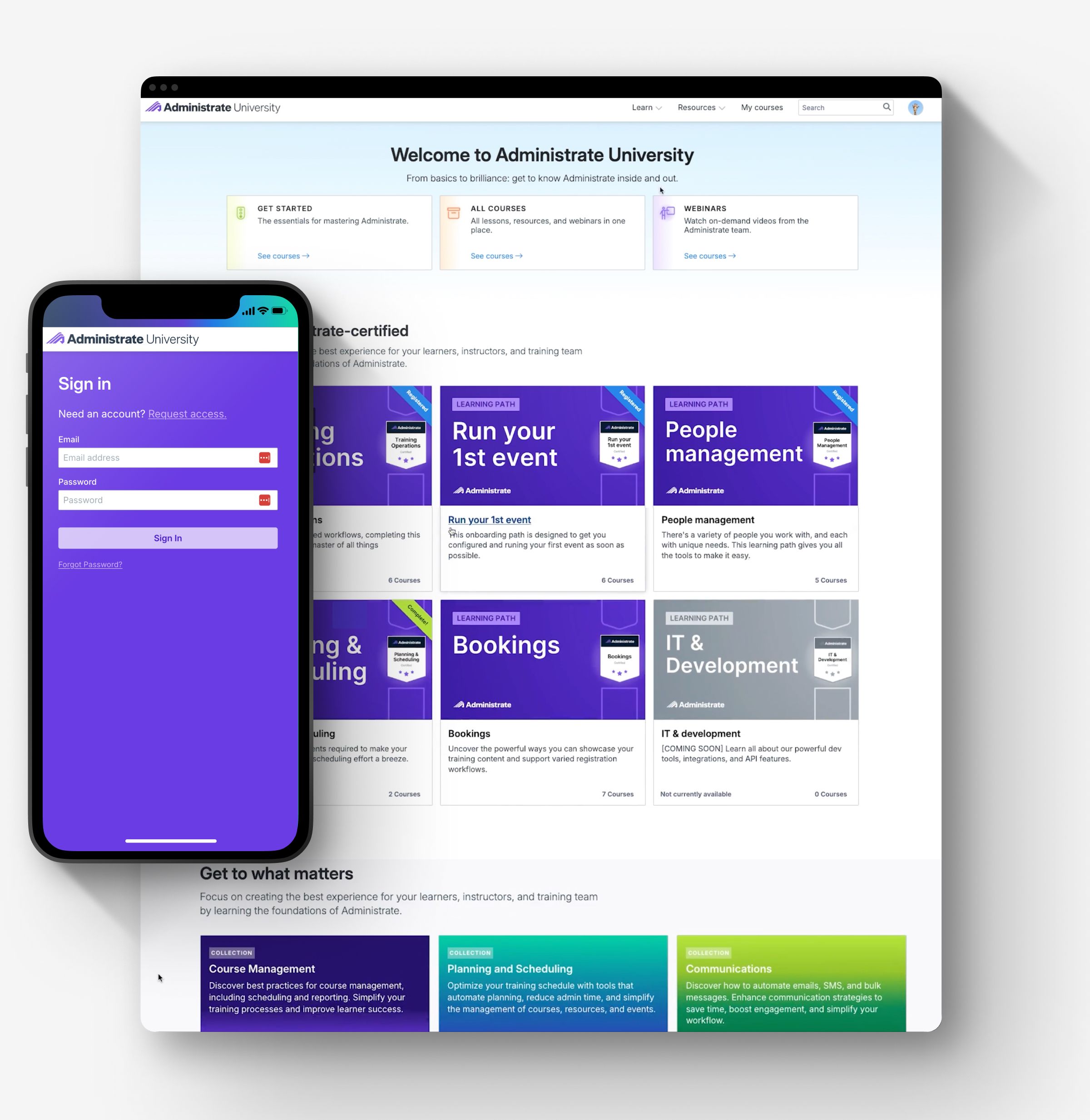 Administrate University homepage on desktop, with entry points for getting started, all courses, and webinars, above certified learning paths and topic collections, next to the sign-in screen on mobile.