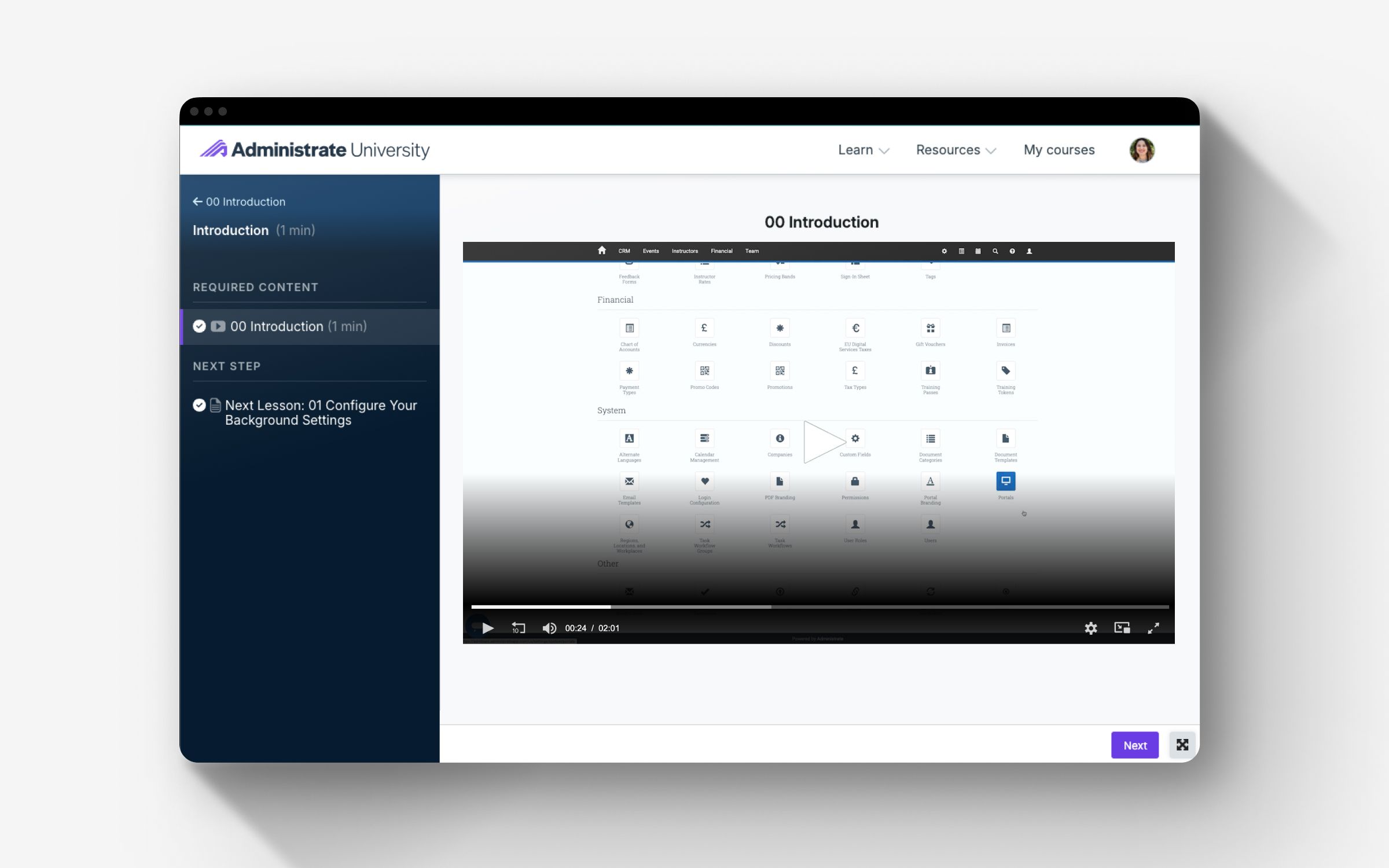 A lesson in Administrate University, with required content and the next lesson in a sidebar beside a video.