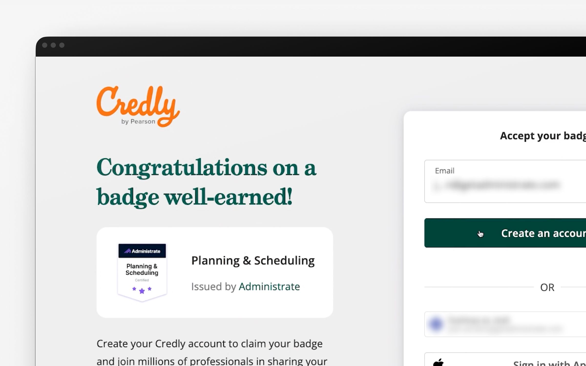 Credly page for accepting the Planning & Scheduling certification badge issued by Administrate.