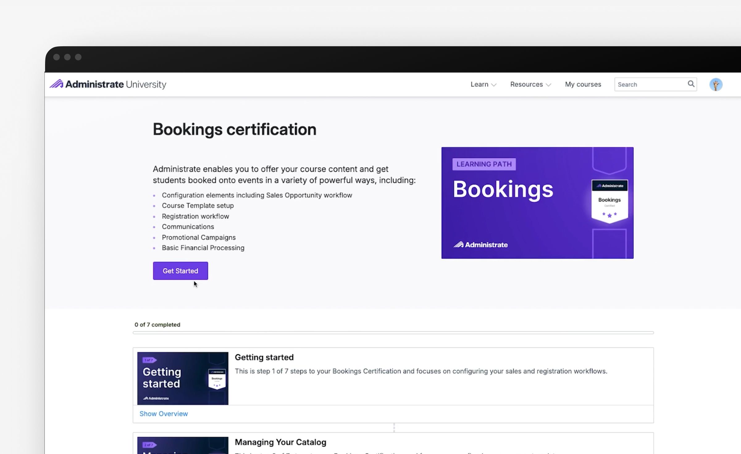 Bookings certification learning path page with an overview of what it covers, a Get Started button, a progress bar showing 0 of 7 completed, and step-numbered course cards.