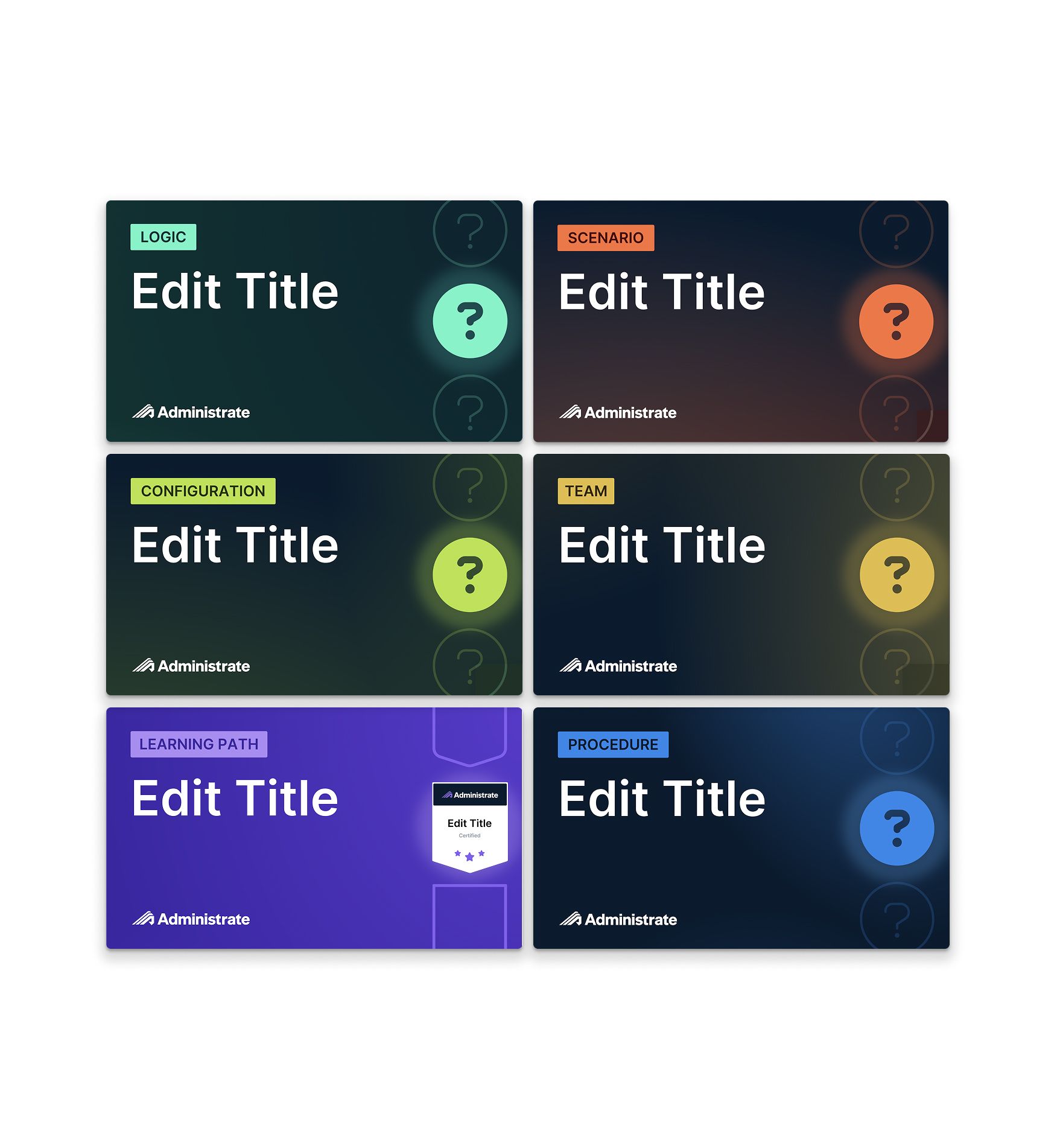 Six Canva course card templates with editable titles and placeholder icons: Logic, Scenario, Configuration, Team, Learning Path, and Procedure, each with its own accent color.