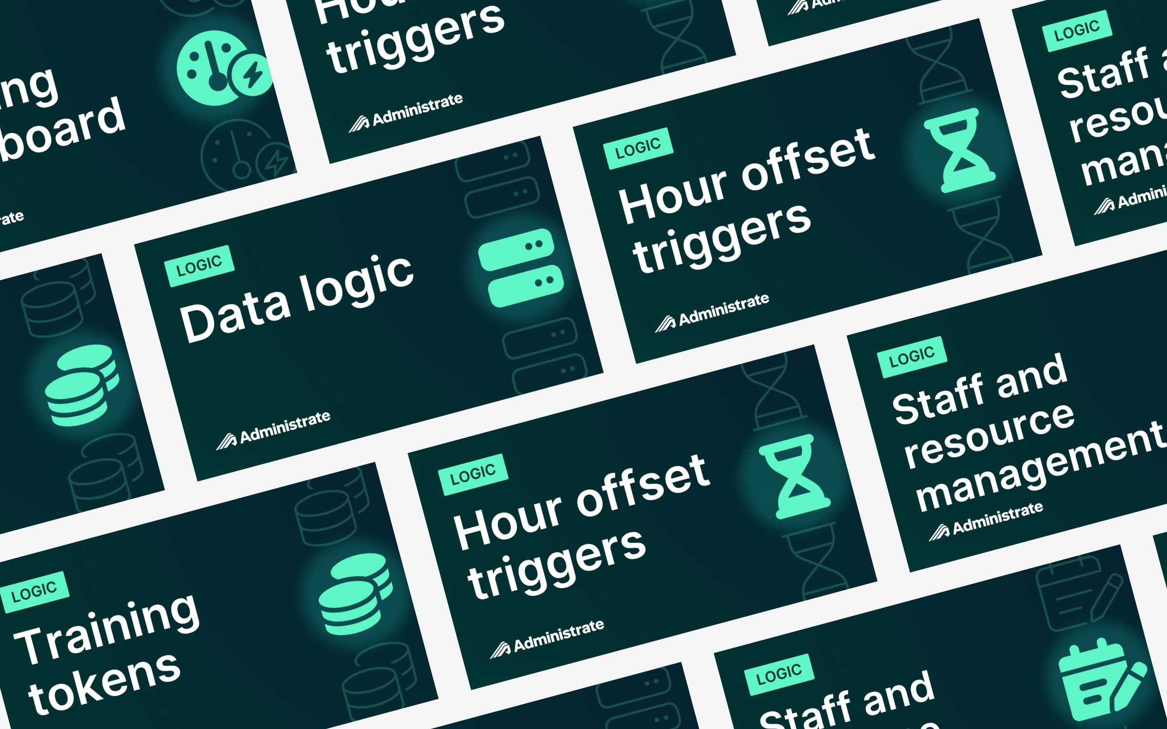 Finished Logic course cards for courses including Data logic, Hour offset triggers, Training tokens, and Staff and resource management, each with its own icon.