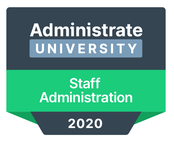 An old Administrate University certification badge for Staff Administration, 2020, in dark gray and green.