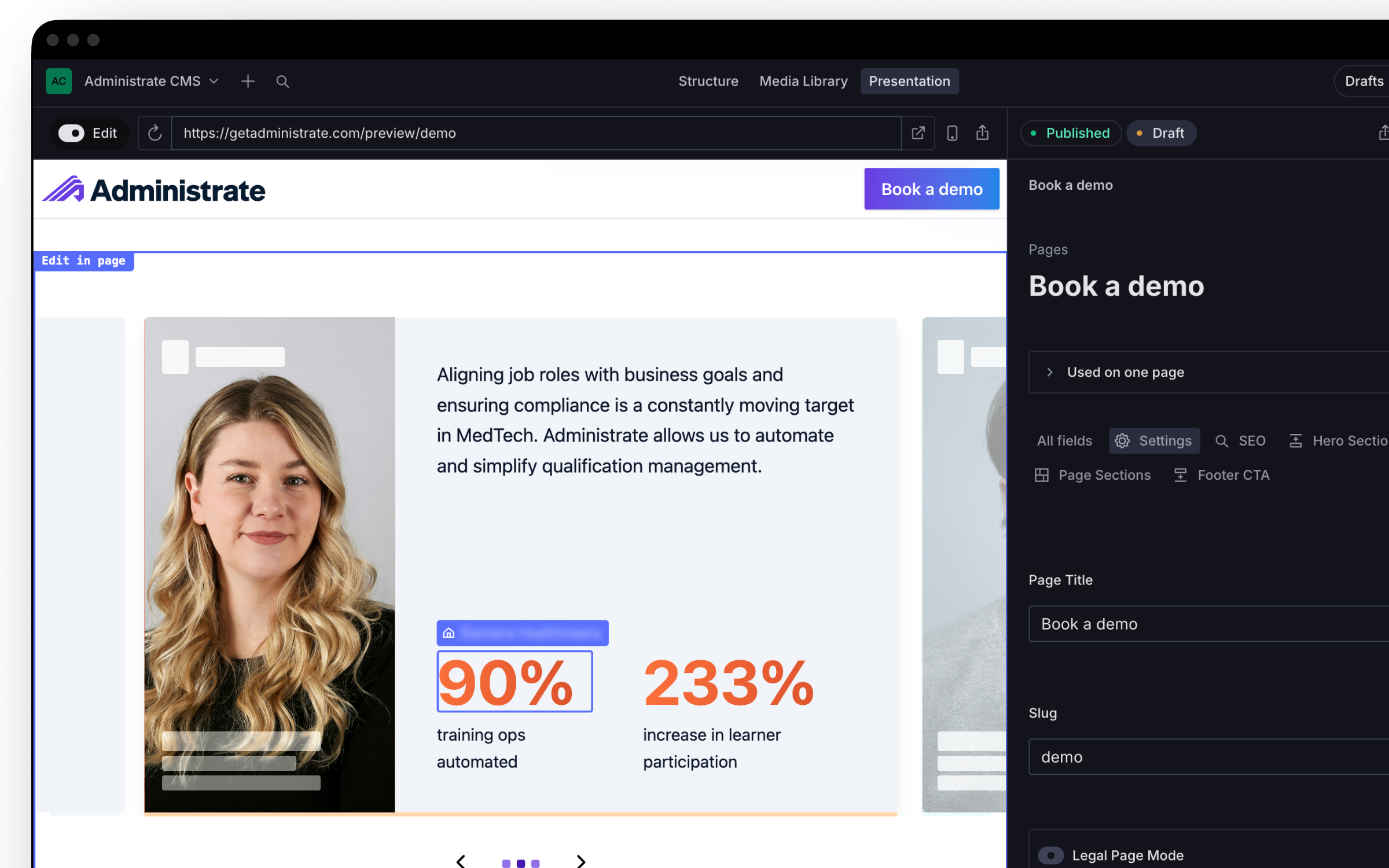 Administrate marketing website on desktop and mobile.