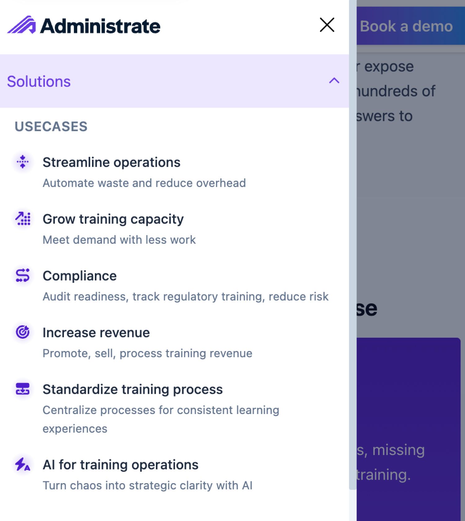 Administrate mobile mega menu navigation showing Solutions and Industries sections with grouped content.