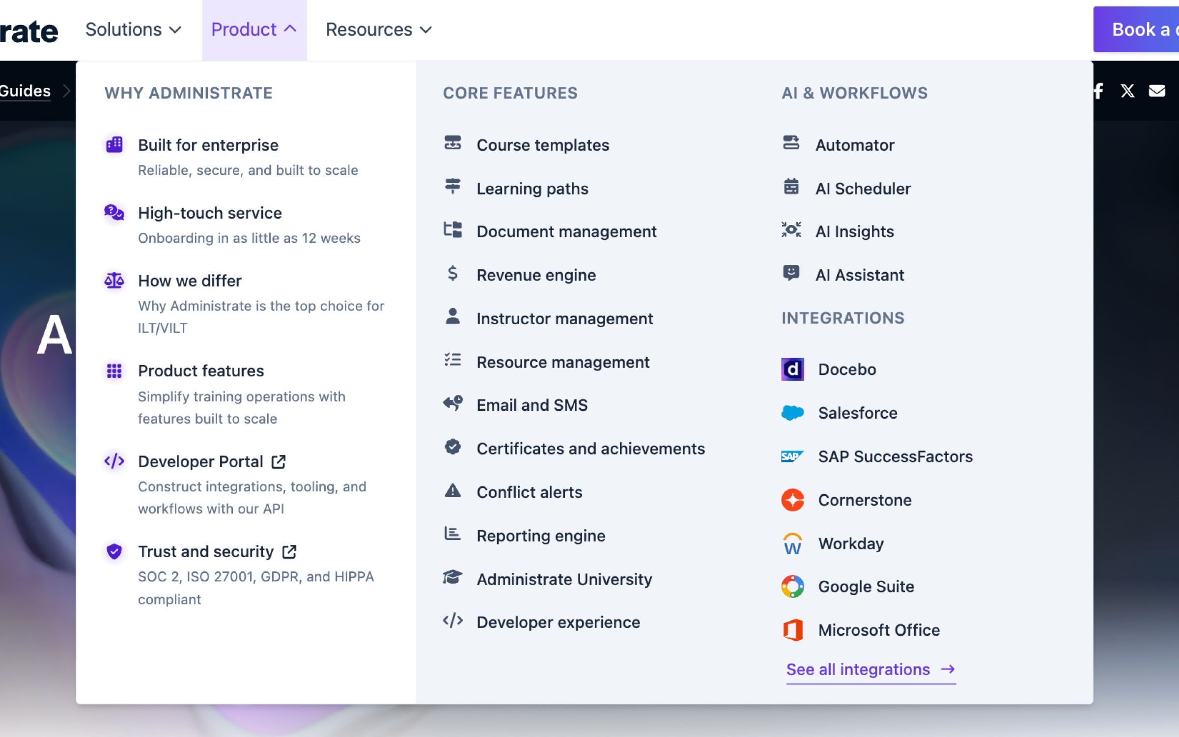 Screenshot of navigation structure on the website for the product.