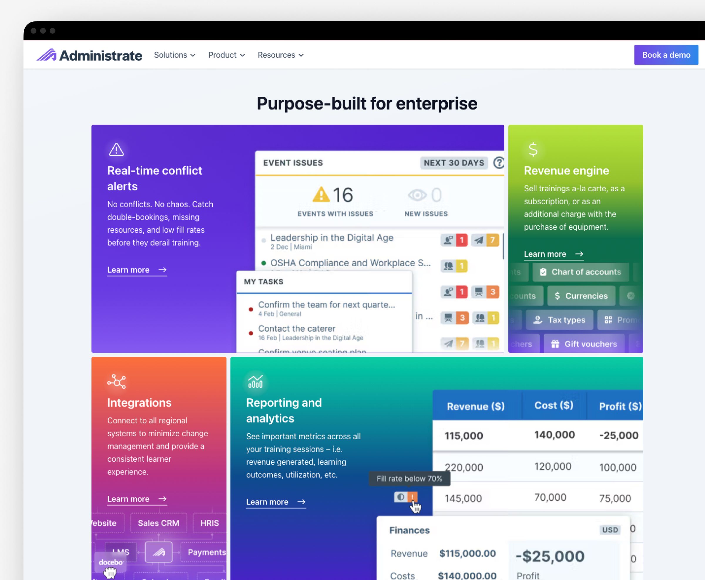 Crop of an Administrate screenshot, displaying the bento component illustrations and UI elements working together to better describe their associated links.
