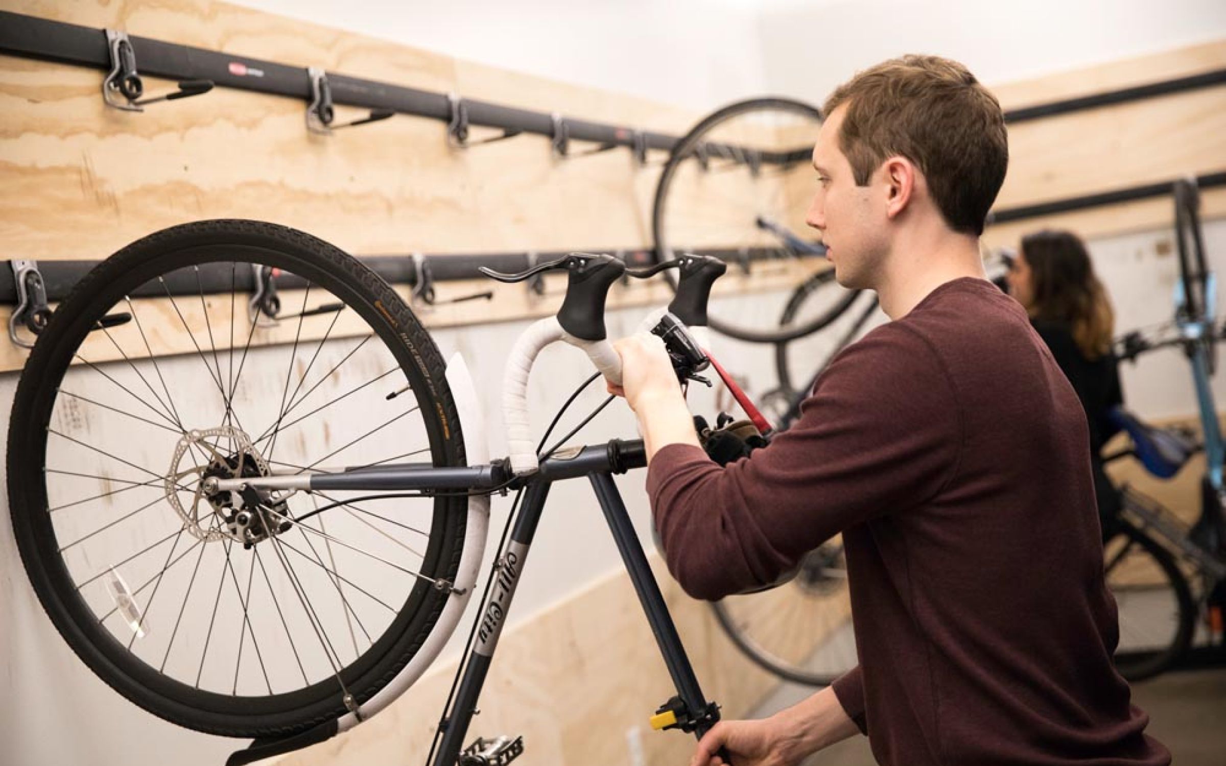 Art-directed photo of a colleague in our office bike room.
