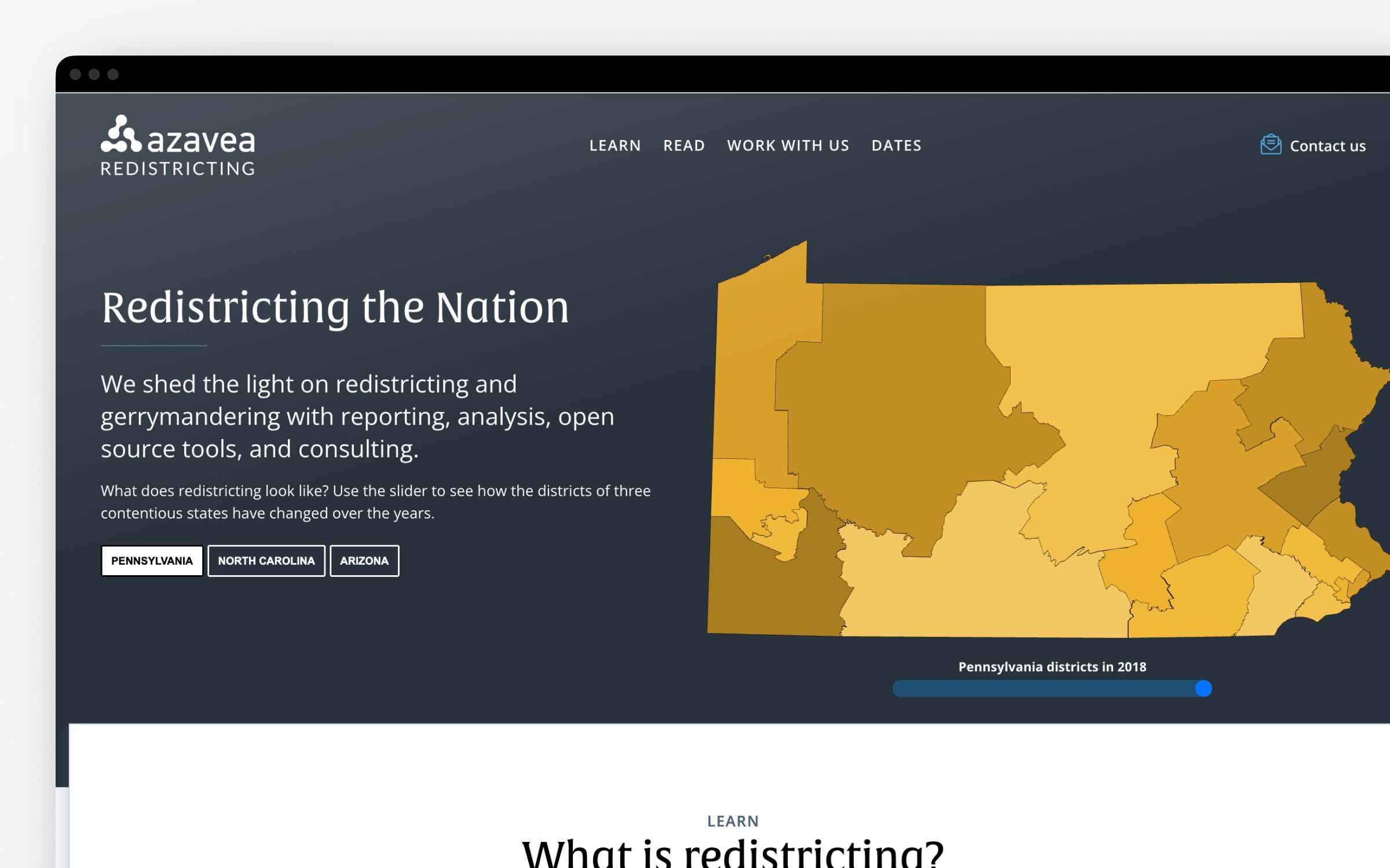 Screenshot of the Redistricting microsite hero.