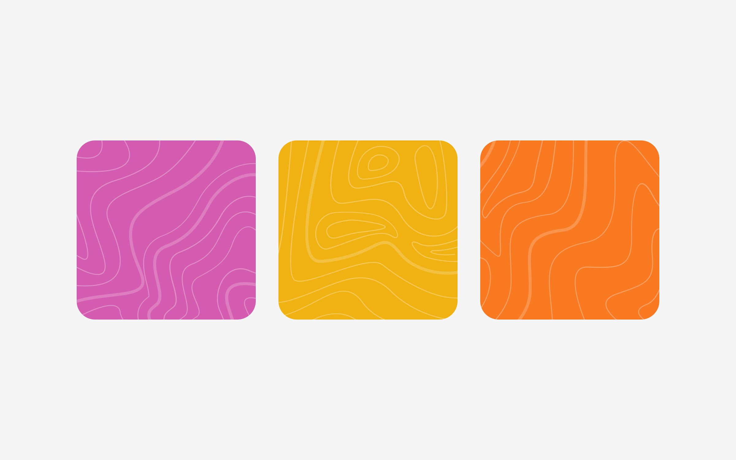 Three squares in different colors that display three types of topographic patterns.