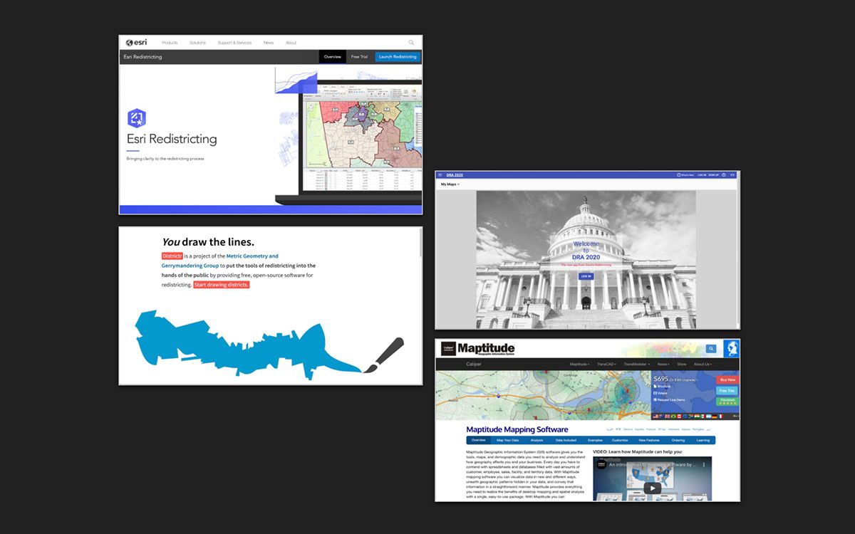 Screenshots of other product websites in the redistricting space.