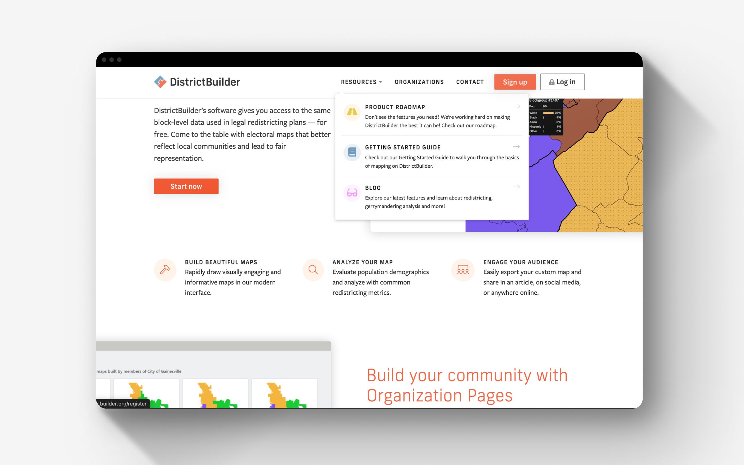 Desktop and mobile views of DistrictBuilder’s homepage and contact page.