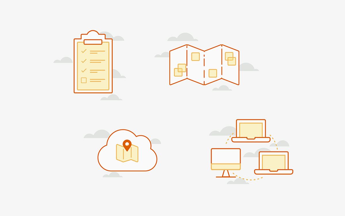 Illustrations for the GroundWork website, including a task list, map, cloud, and connected computers.