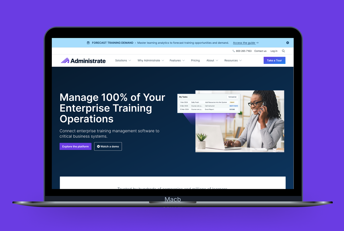 Screenshot of revised Administrate homepage using the new brand identity.