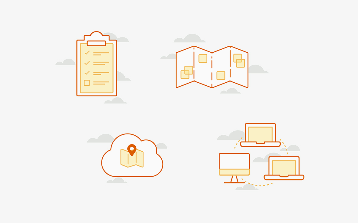 Illustrations for the GroundWork website, including a Task list, map, cloud, and connected computers.