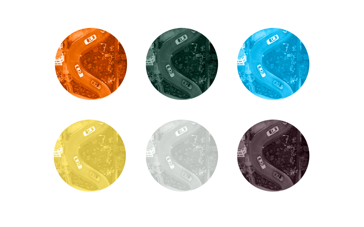 Six circle-crops of aerial imagery that is colored orange, deep green, bright blue, light yellow, light gray, and dark brown.