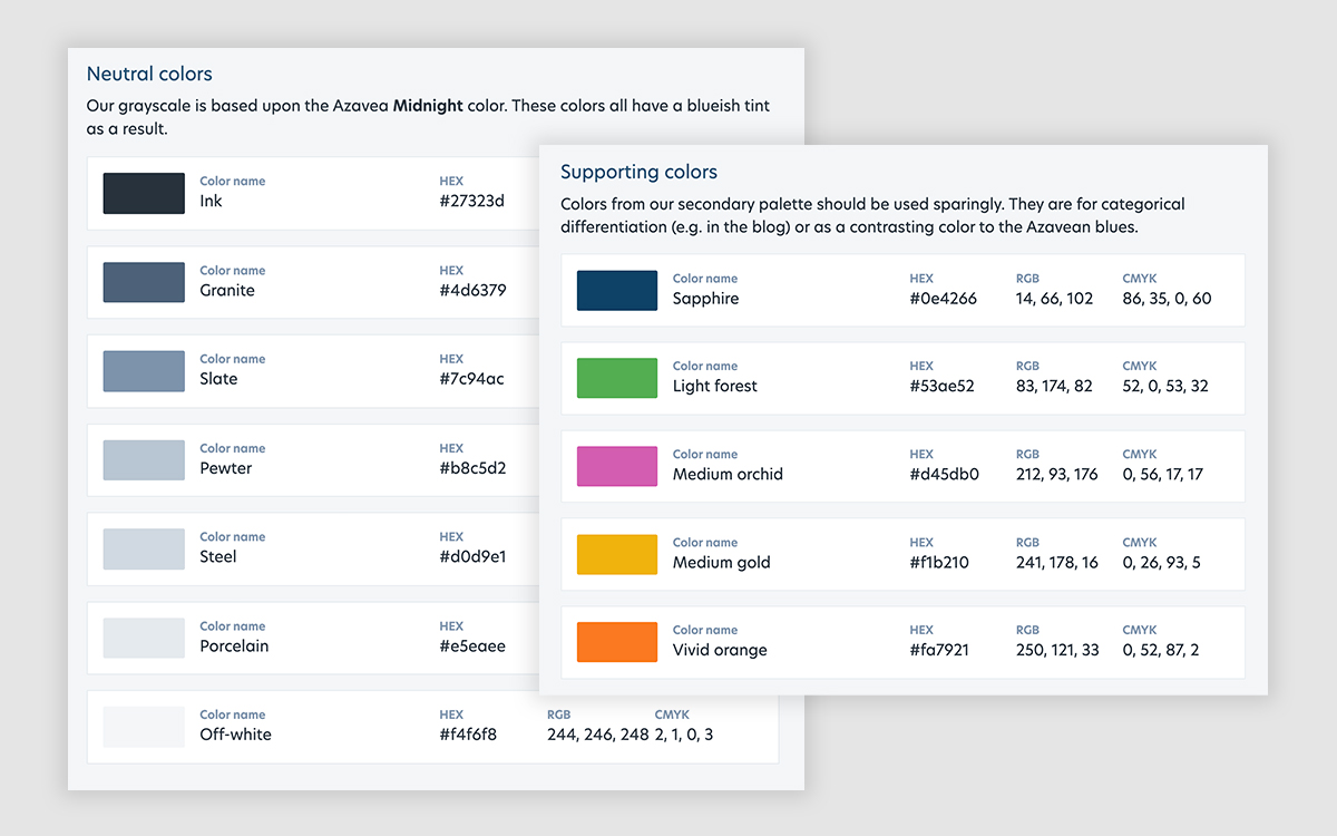 The secondary and neutral colors in the Azavea brand, screenshot from the Branding Guide.