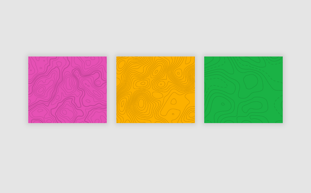 Three squares in different colors that display three types of topographic patterns.