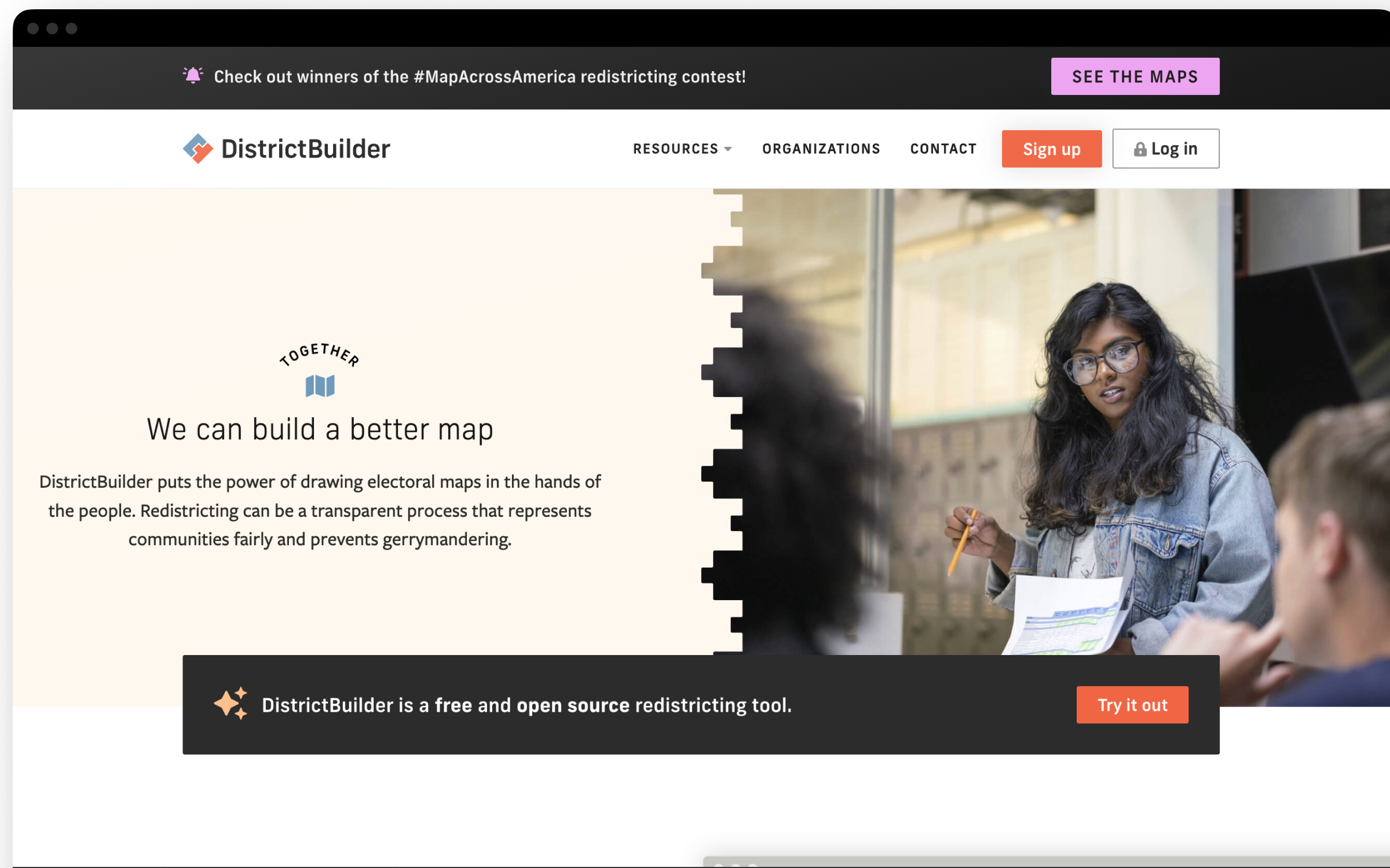 Screenshot of DistrictBuilder marketing website.