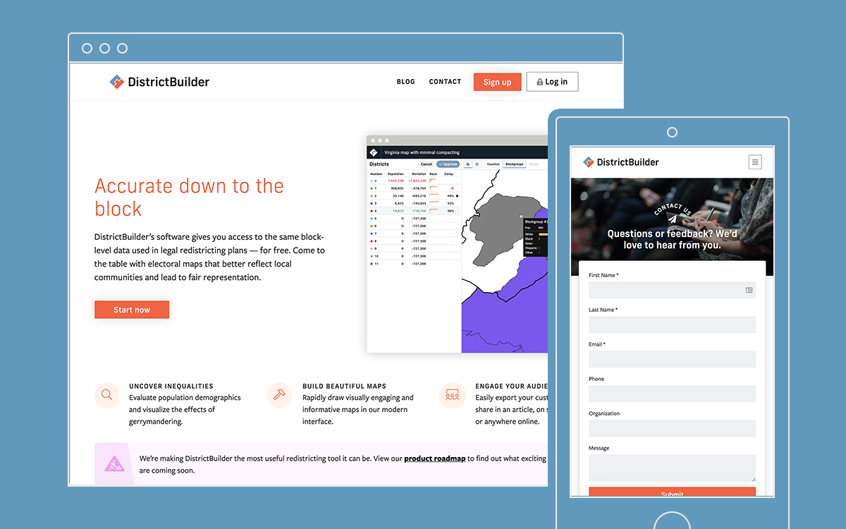 Desktop and mobile views of DistrictBuilder’s homepage and contact page.