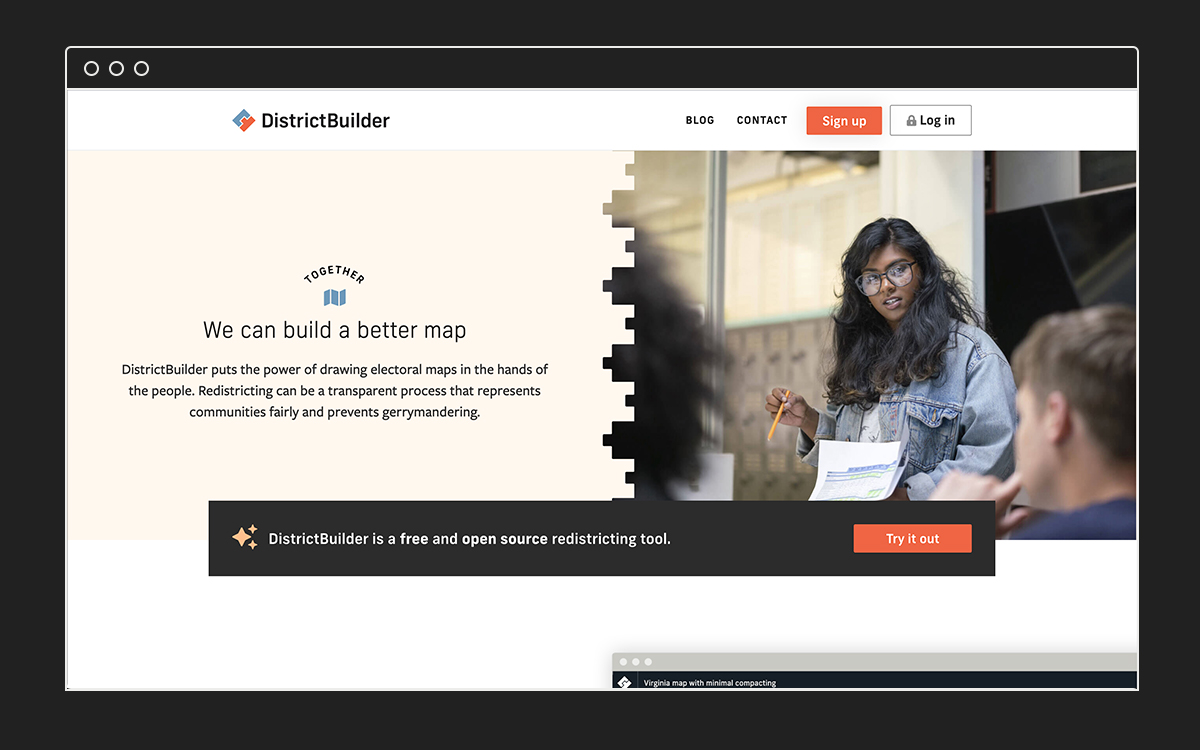 Desktop view of DistrictBuilder’s homepage hero.